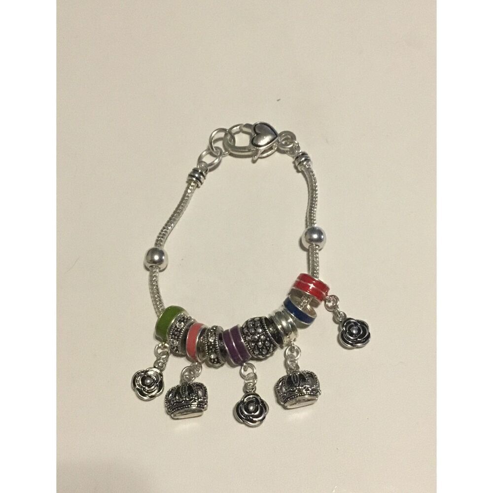 Trendy Silver Rose & Crown Bead Bracelet~kn